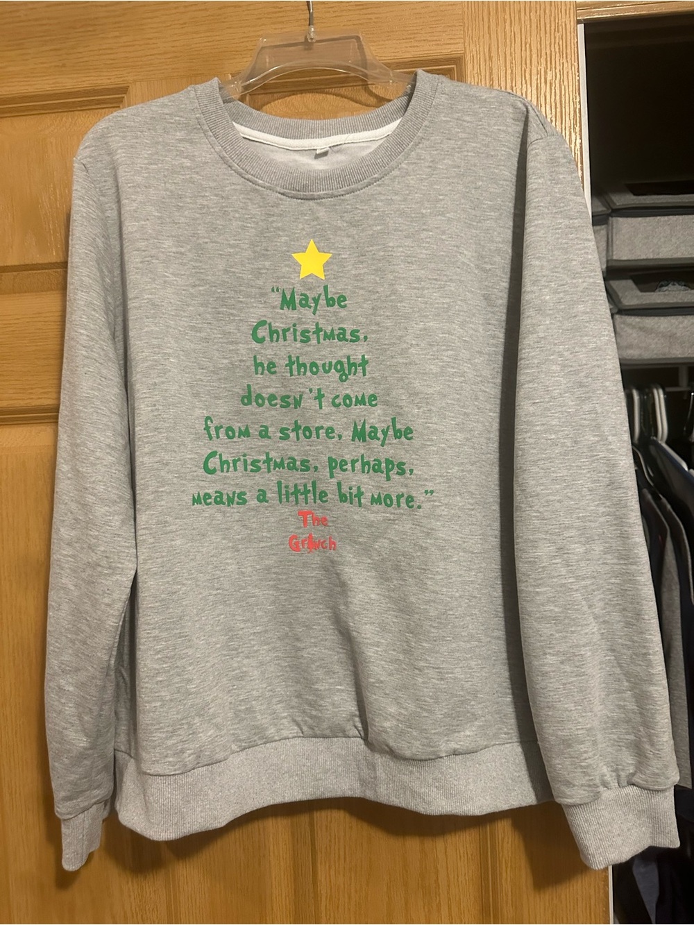 SHEIN Gray Graphic Christmas Quote Sweatshirt with Green Tree Print